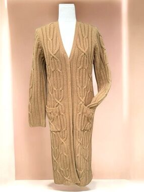 Jillian Jones Duster Long Cardigan Lambswool Tan Cable Knit